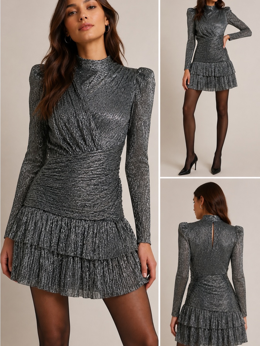 Sabina Musayev Metallic Black Long Sleeve Ruffle Hem Dress